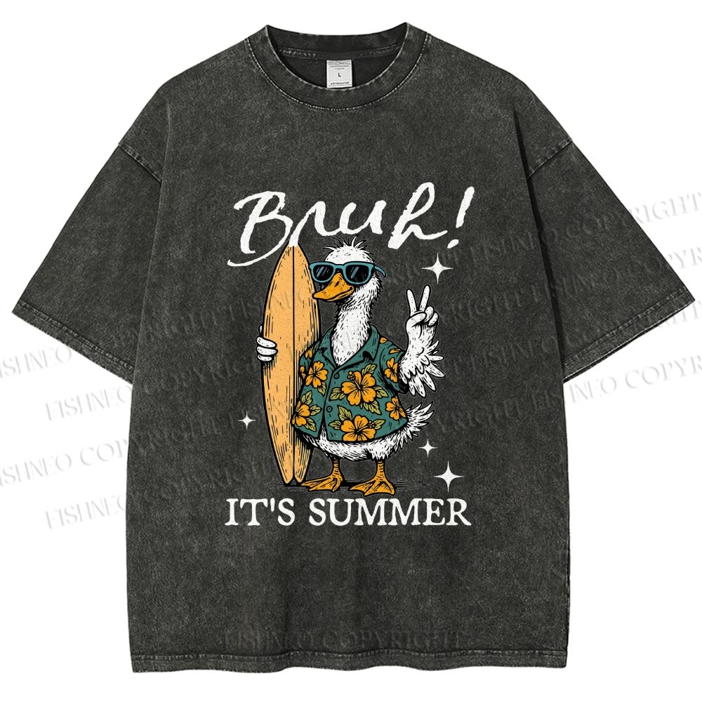 Unisex Bruh Summer Surf Duck Printed Washed Tee