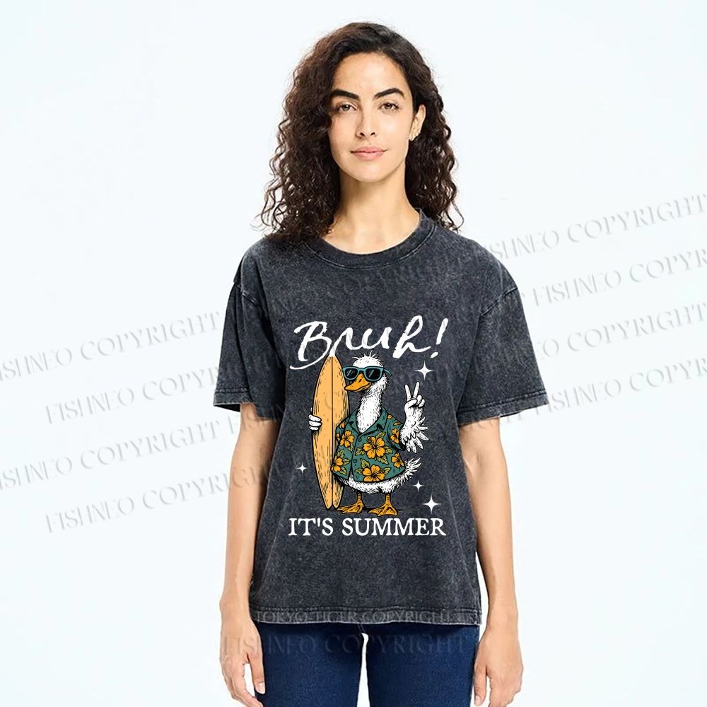 Unisex Bruh Summer Surf Duck Printed Washed Tee