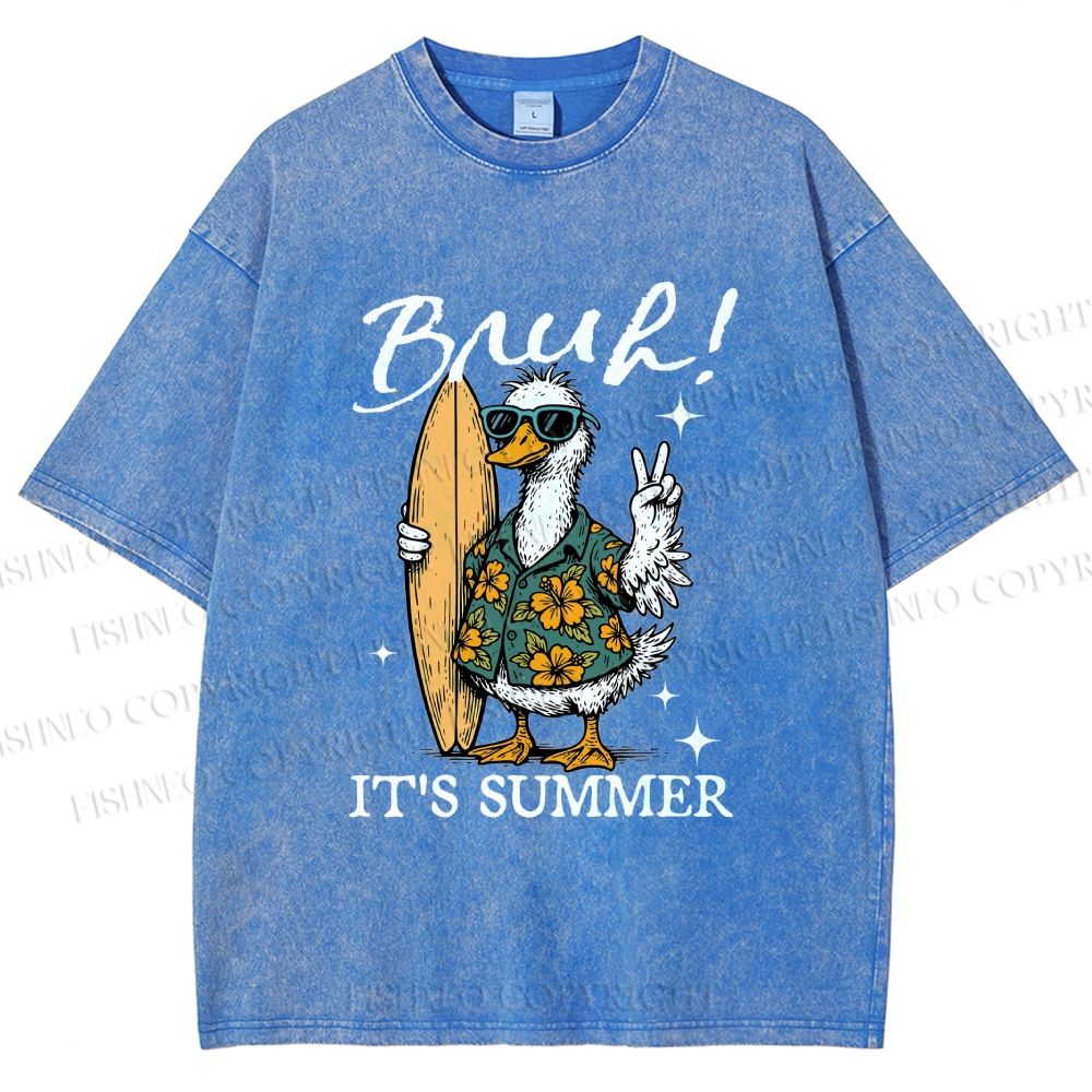 Unisex Bruh Summer Surf Duck Printed Washed Tee