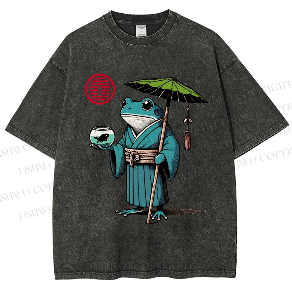 Unisex Retro Ukiyo-e Gentle Frog Printed Washed Tee