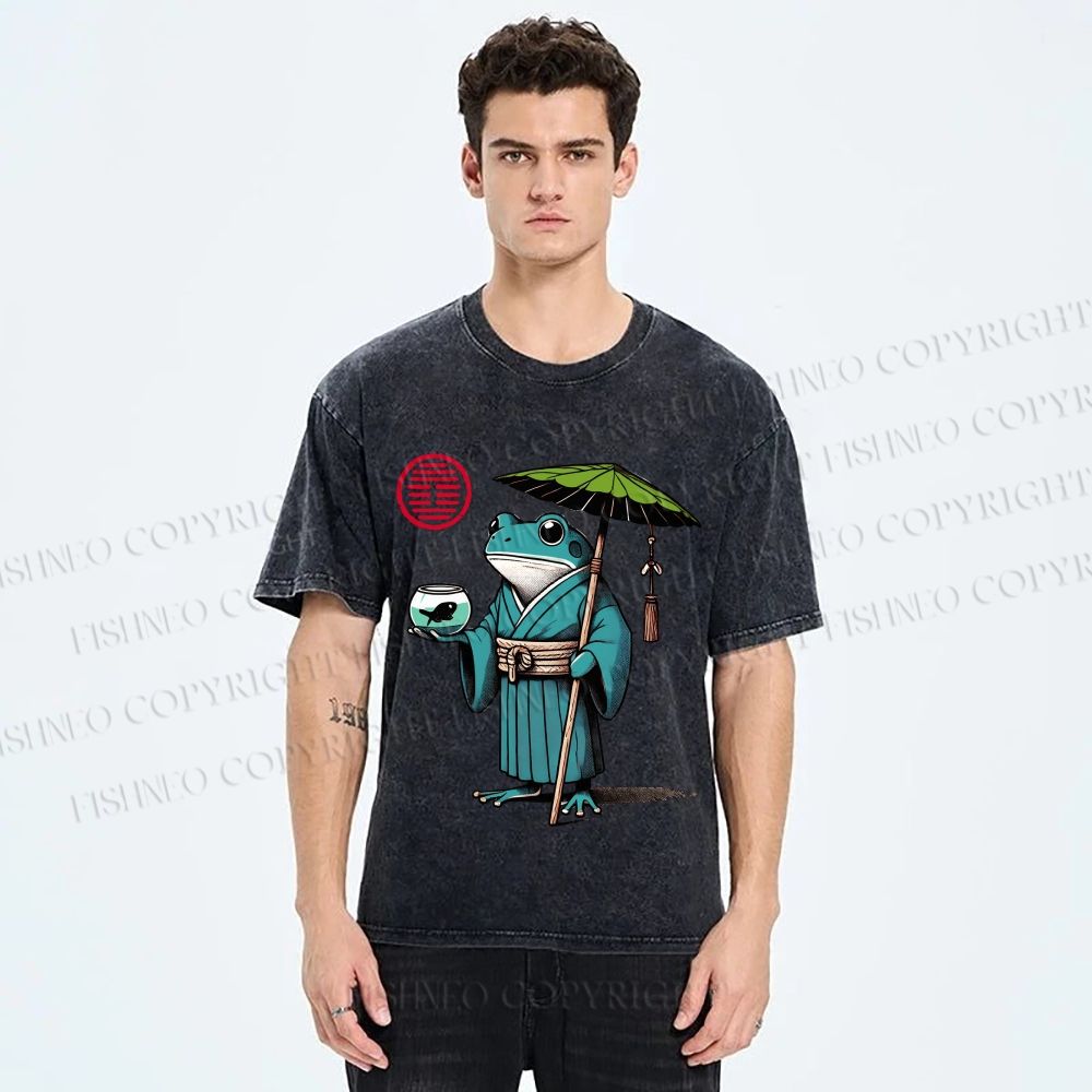 Unisex Retro Ukiyo-e Gentle Frog Printed Washed Tee
