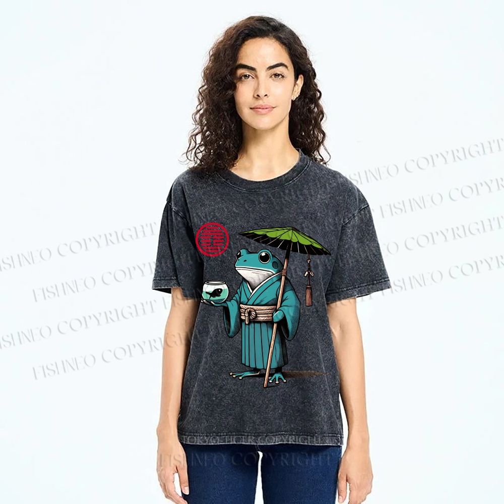 Unisex Retro Ukiyo-e Gentle Frog Printed Washed Tee