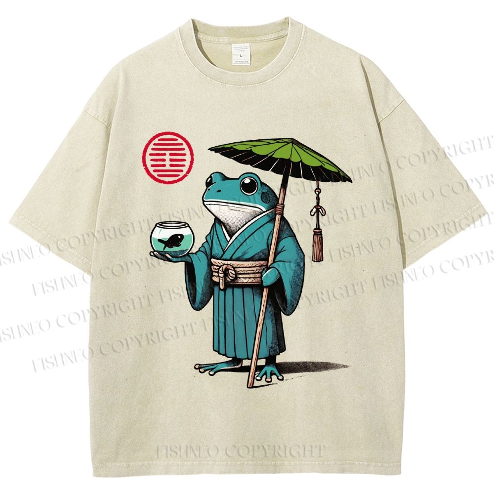 Unisex Retro Ukiyo-e Gentle Frog Printed Washed Tee