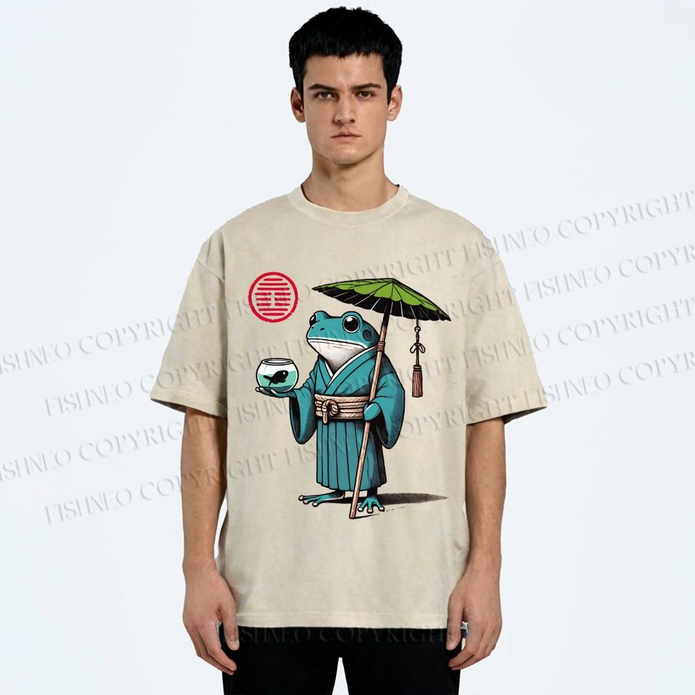 Unisex Retro Ukiyo-e Gentle Frog Printed Washed Tee