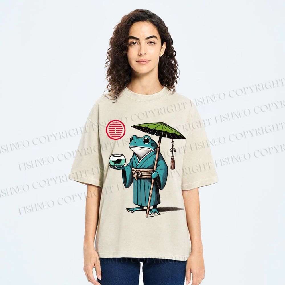 Unisex Retro Ukiyo-e Gentle Frog Printed Washed Tee