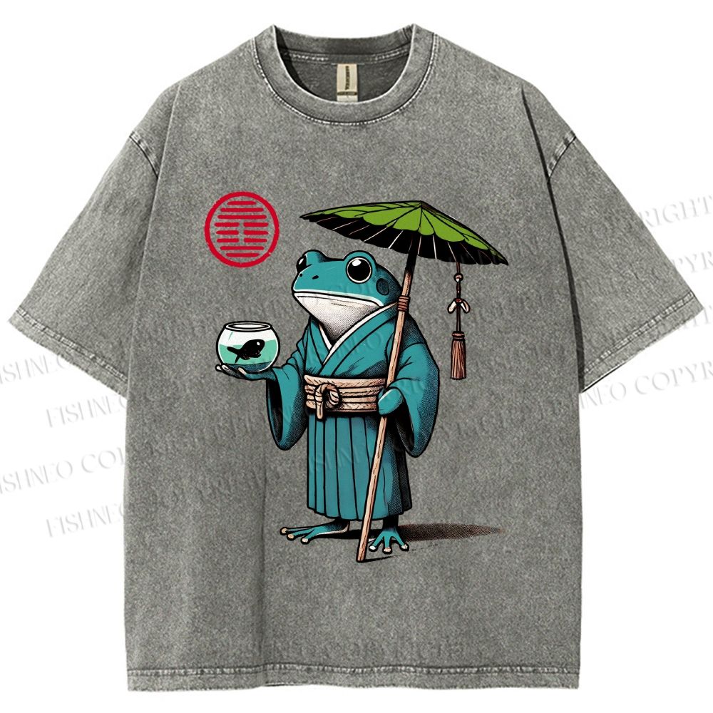 Unisex Retro Ukiyo-e Gentle Frog Printed Washed Tee