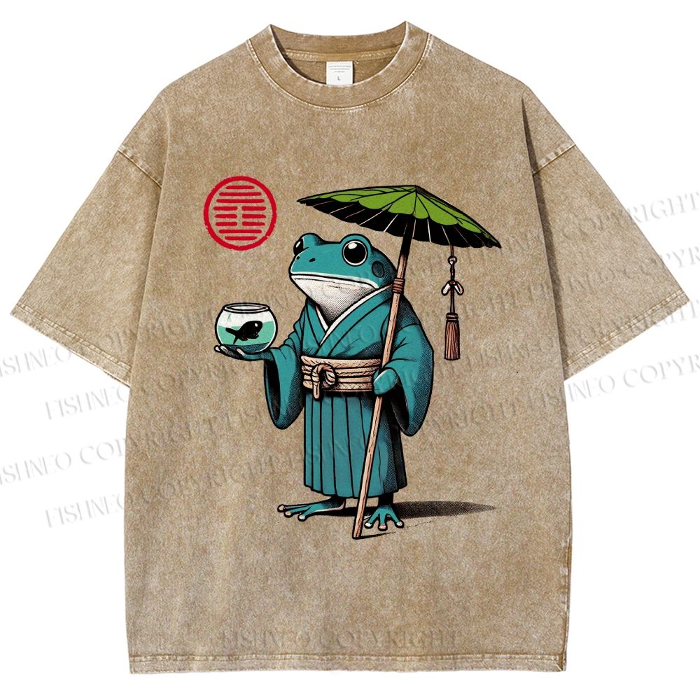Unisex Retro Ukiyo-e Gentle Frog Printed Washed Tee