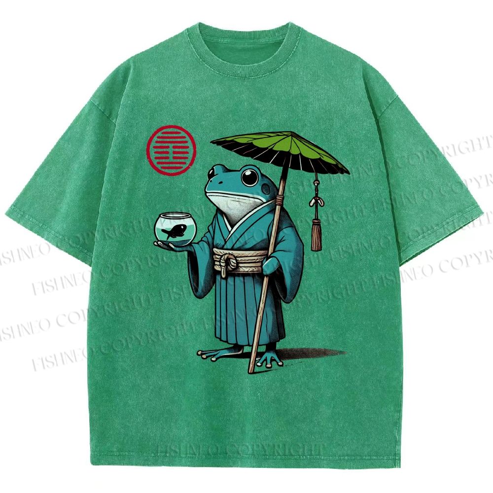 Unisex Retro Ukiyo-e Gentle Frog Printed Washed Tee
