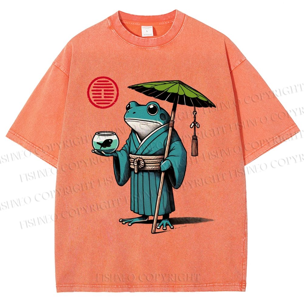 Unisex Retro Ukiyo-e Gentle Frog Printed Washed Tee