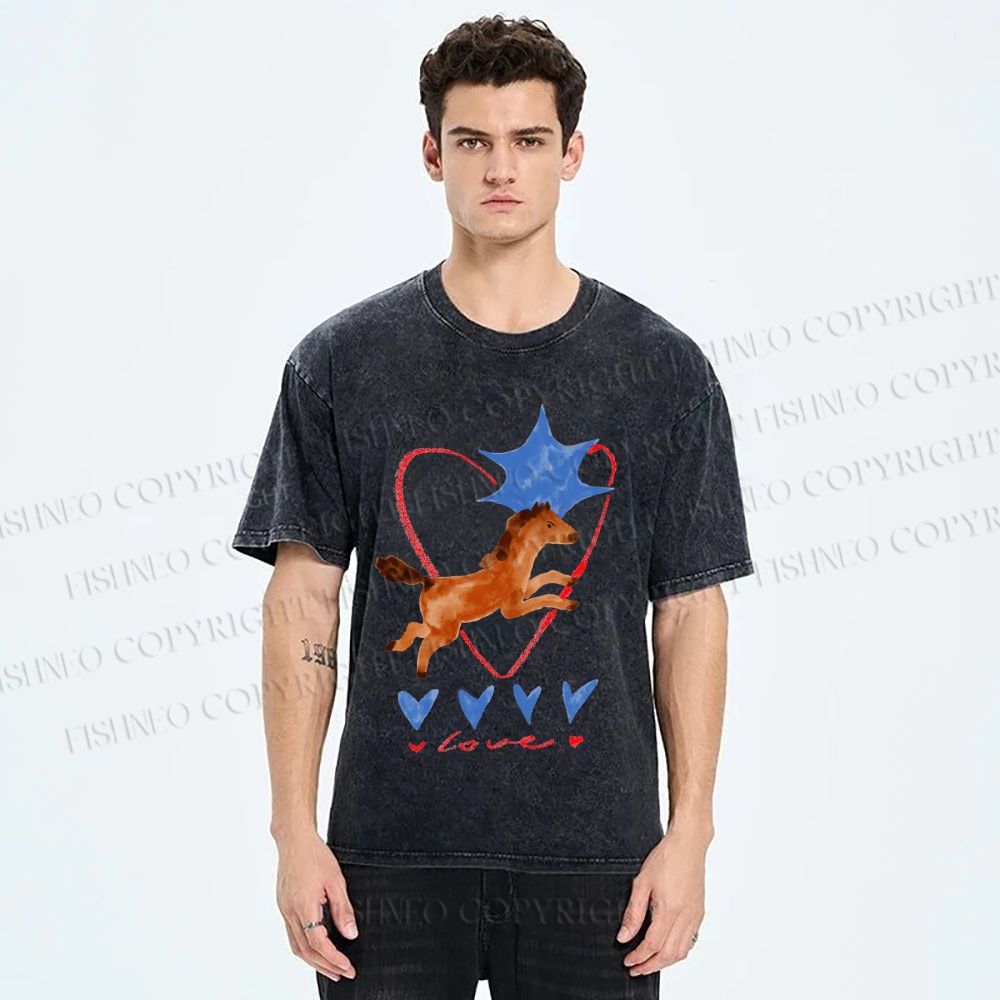 Unisex Heart Love Pony Printed Washed Tee