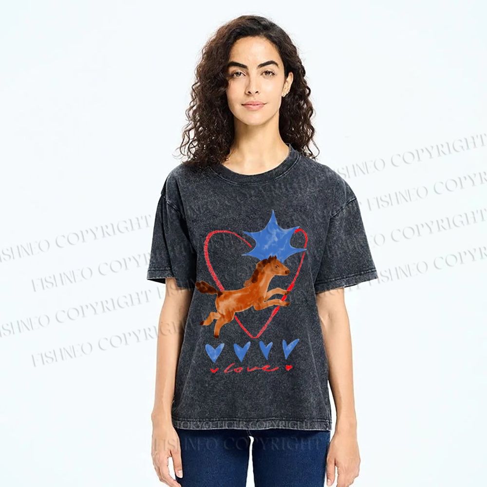 Unisex Heart Love Pony Printed Washed Tee