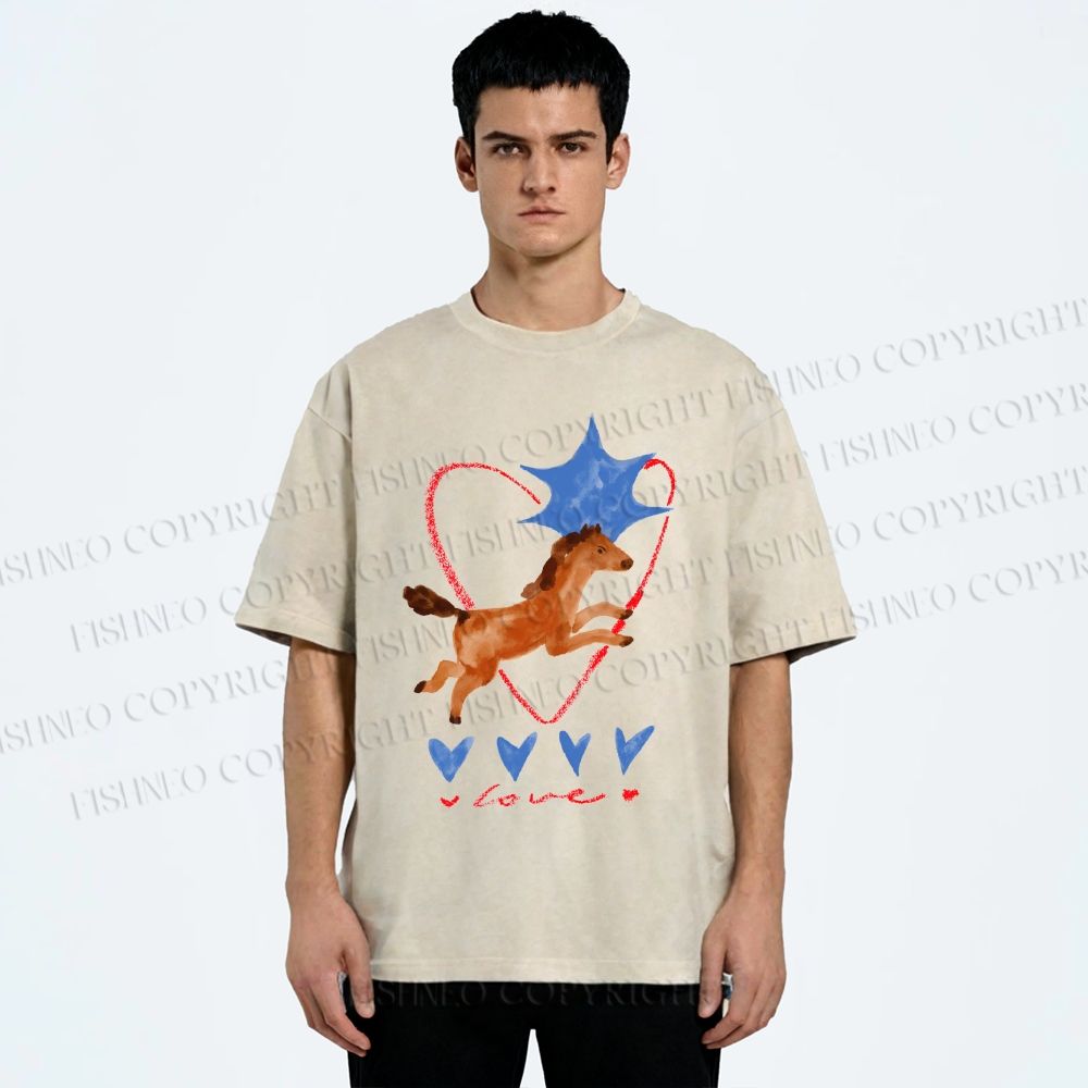 Unisex Heart Love Pony Printed Washed Tee