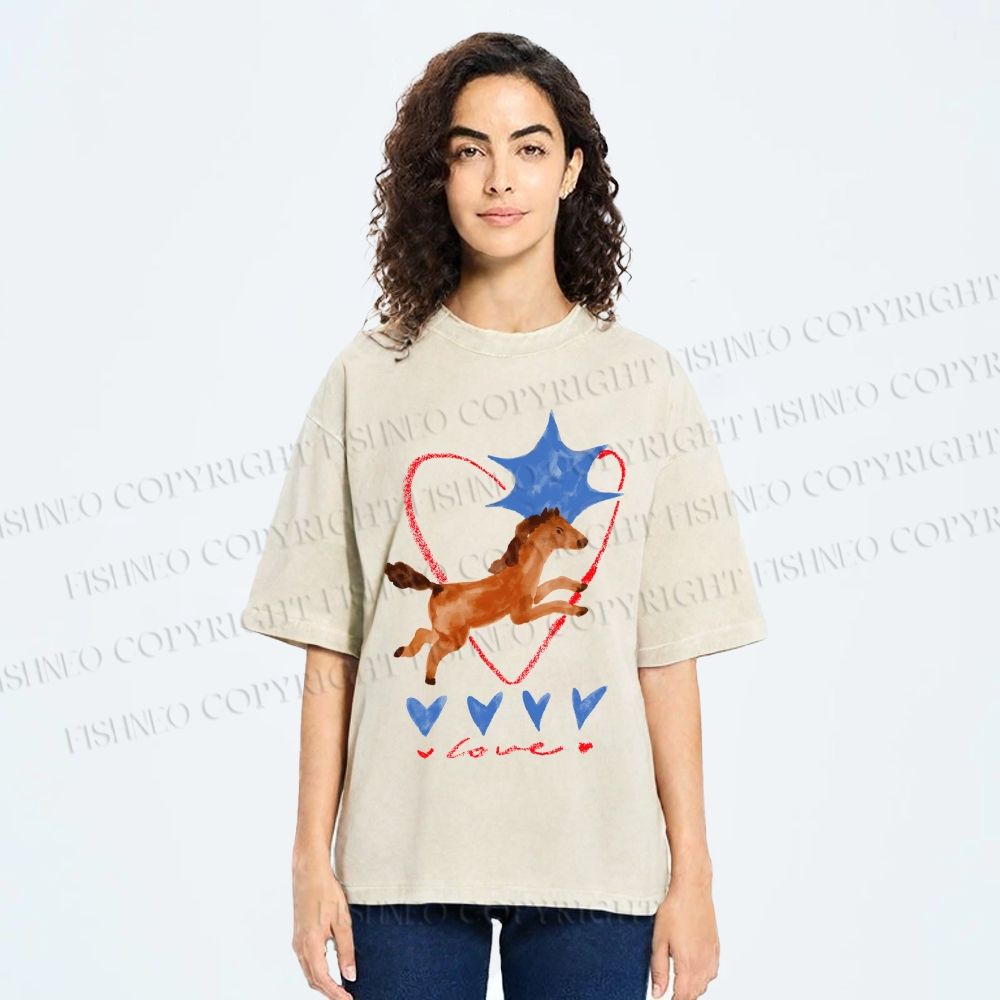 Unisex Heart Love Pony Printed Washed Tee