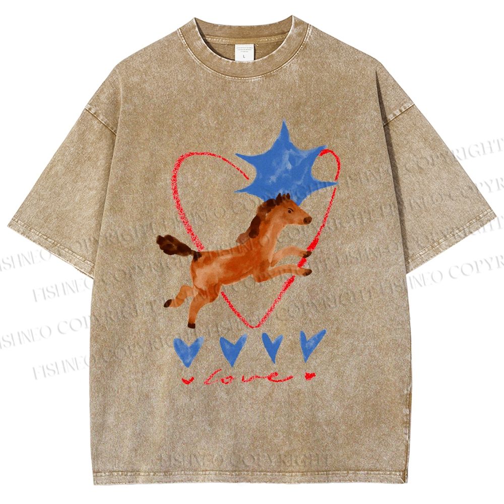 Unisex Heart Love Pony Printed Washed Tee