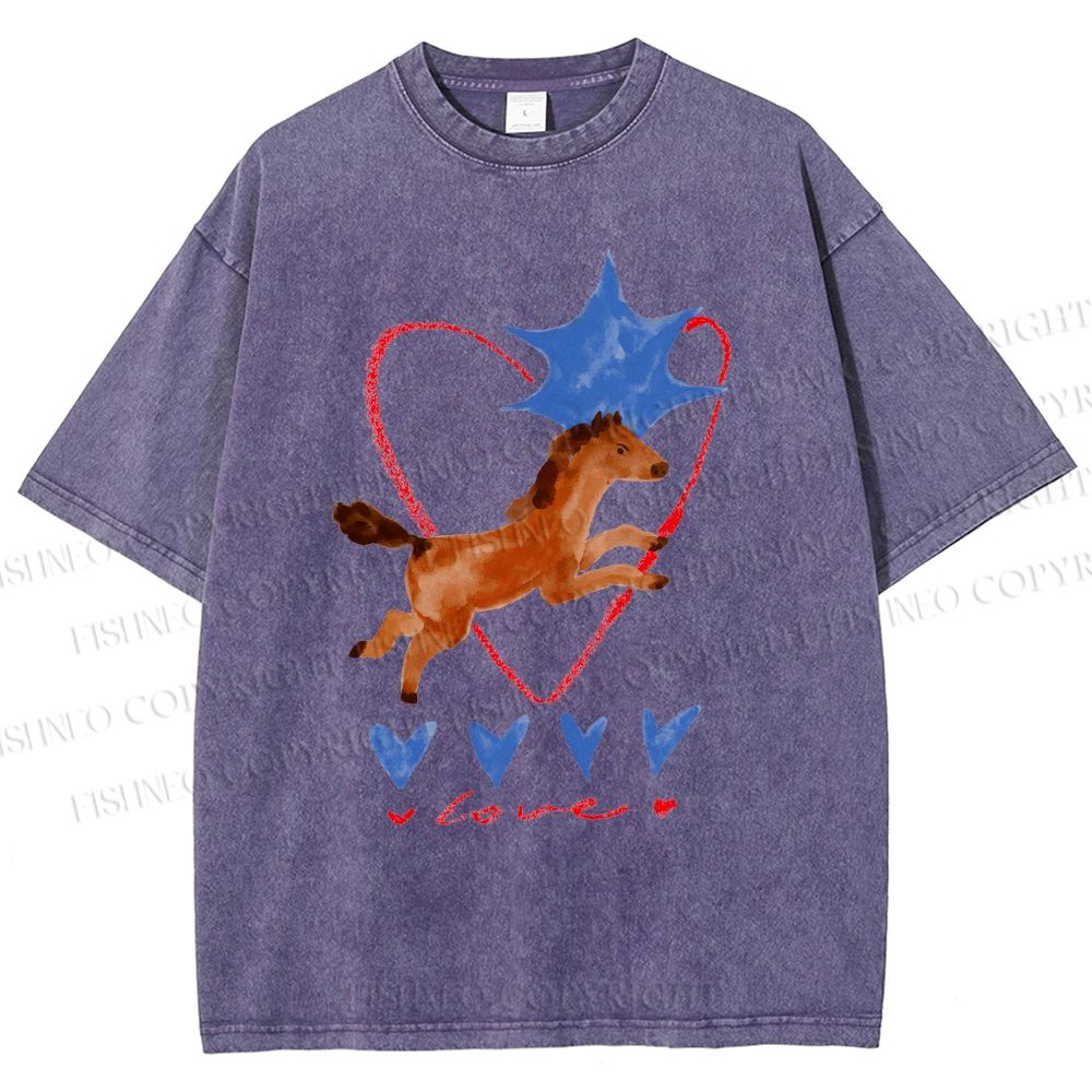 Unisex Heart Love Pony Printed Washed Tee