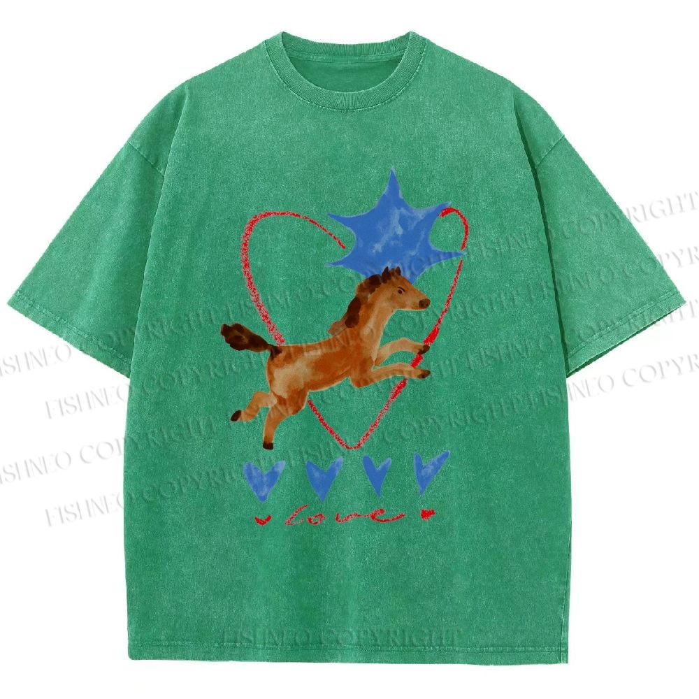 Unisex Heart Love Pony Printed Washed Tee