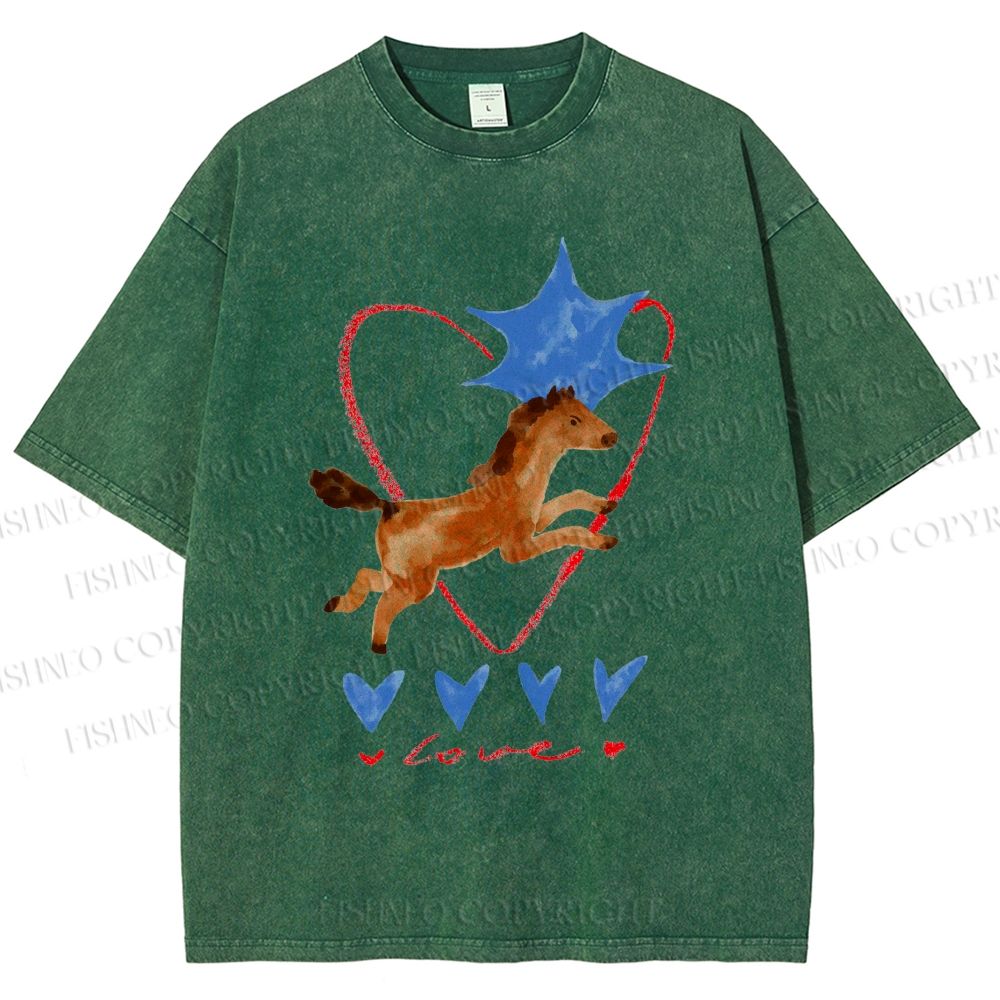 Unisex Heart Love Pony Printed Washed Tee