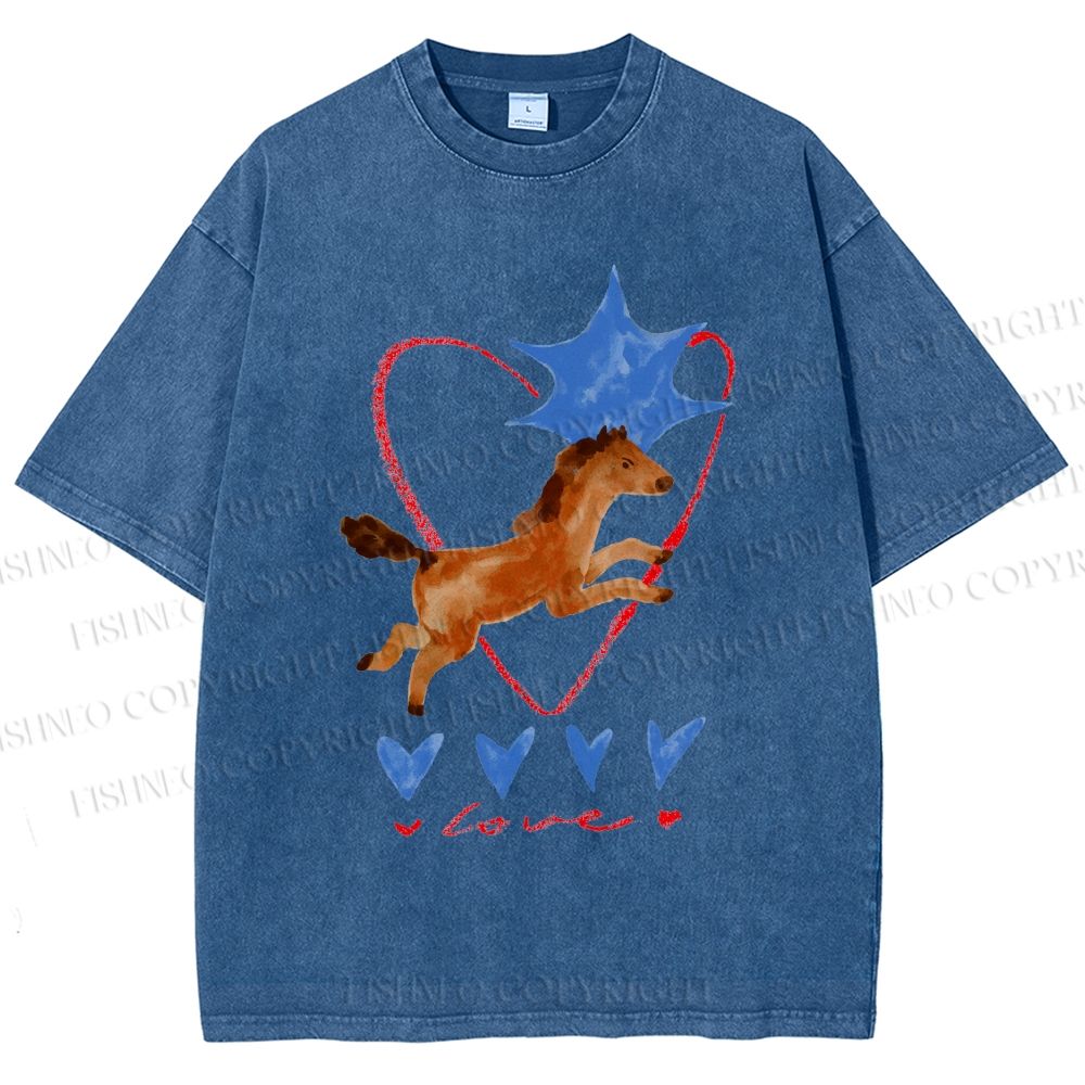 Unisex Heart Love Pony Printed Washed Tee