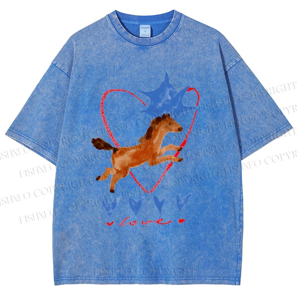 Unisex Heart Love Pony Printed Washed Tee