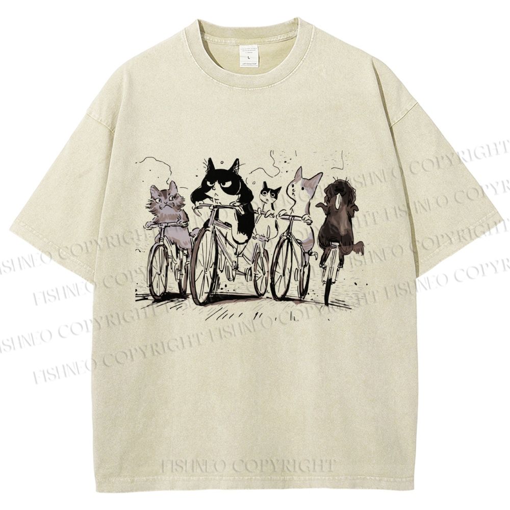 Unisex Biking Cat Crew Sketch Printed Washed Tee