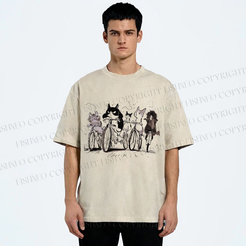 Unisex Biking Cat Crew Sketch Printed Washed Tee