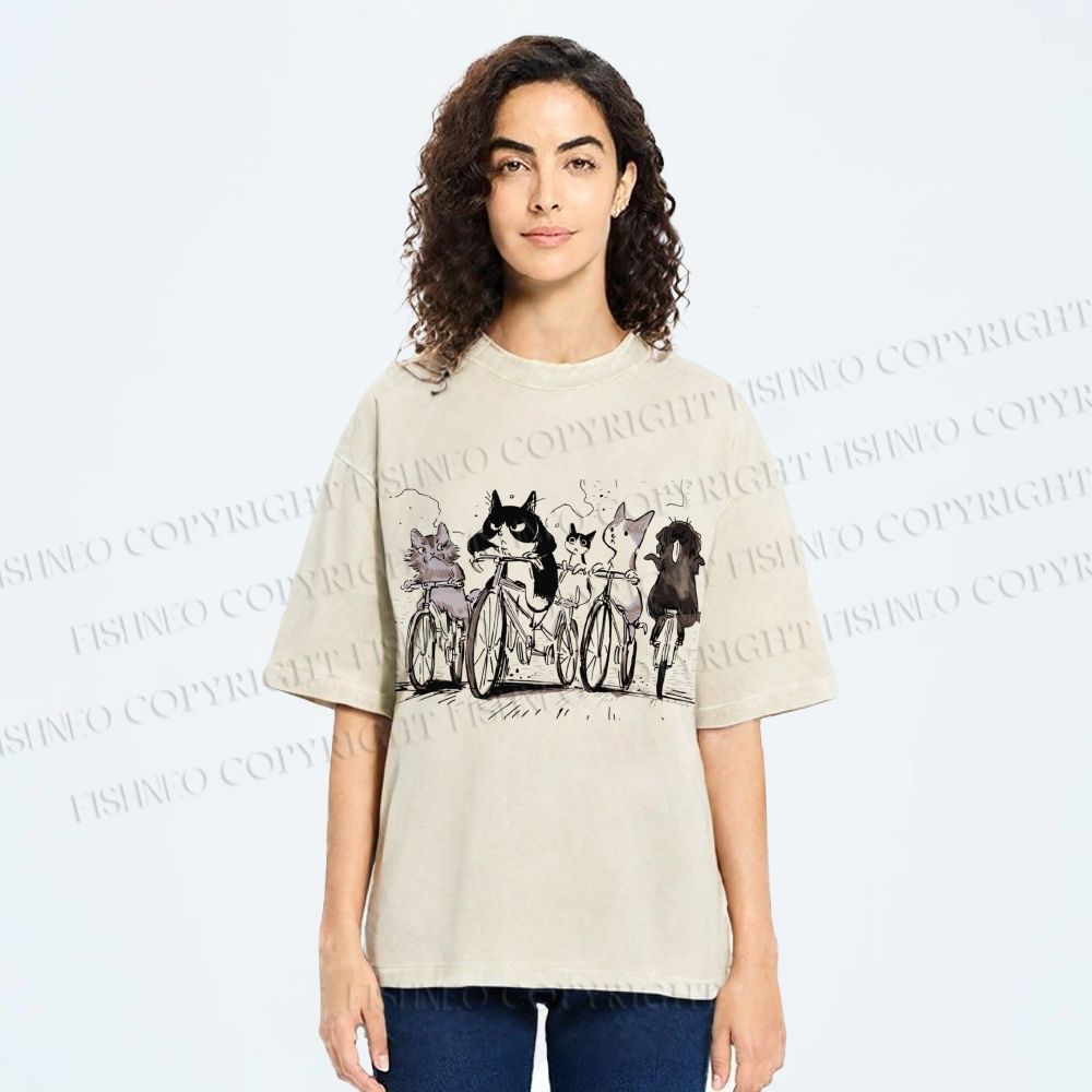 Unisex Biking Cat Crew Sketch Printed Washed Tee