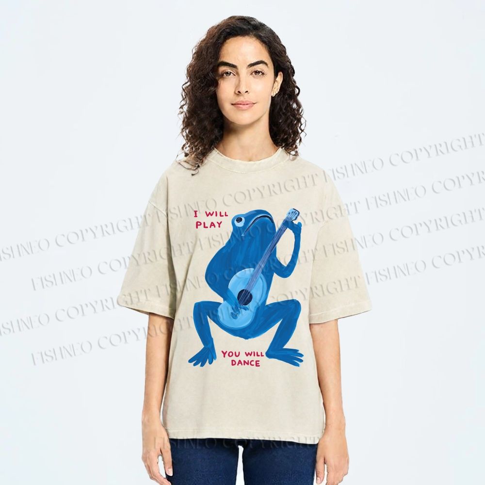 Unisex I Will Play You Will Dance Frog Printed Washed Tee