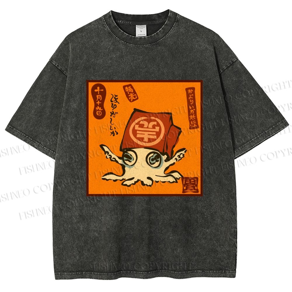 Unisex Japanese Octopus Printed Washed Tee