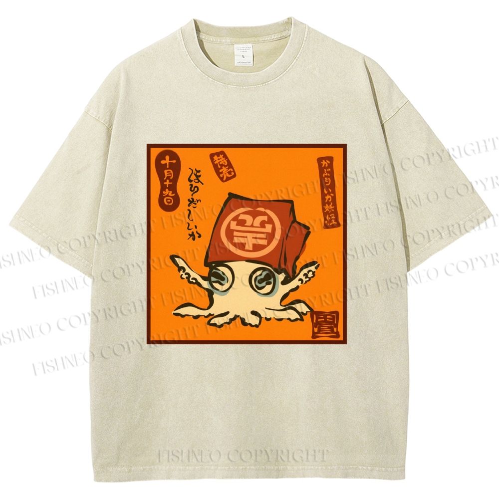 Unisex Japanese Octopus Printed Washed Tee