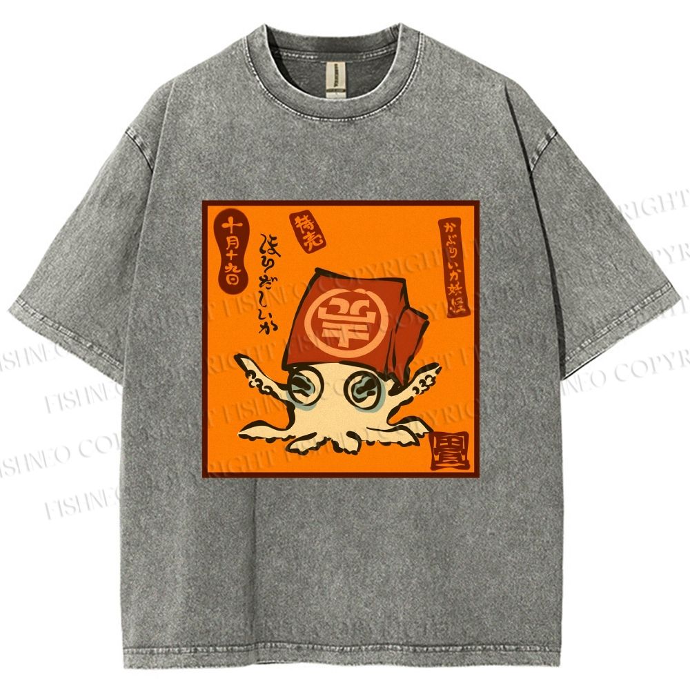Unisex Japanese Octopus Printed Washed Tee