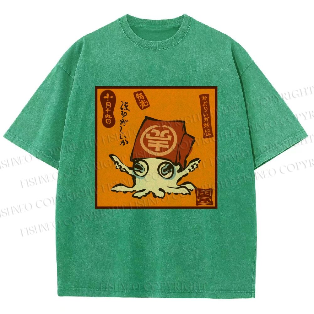 Unisex Japanese Octopus Printed Washed Tee
