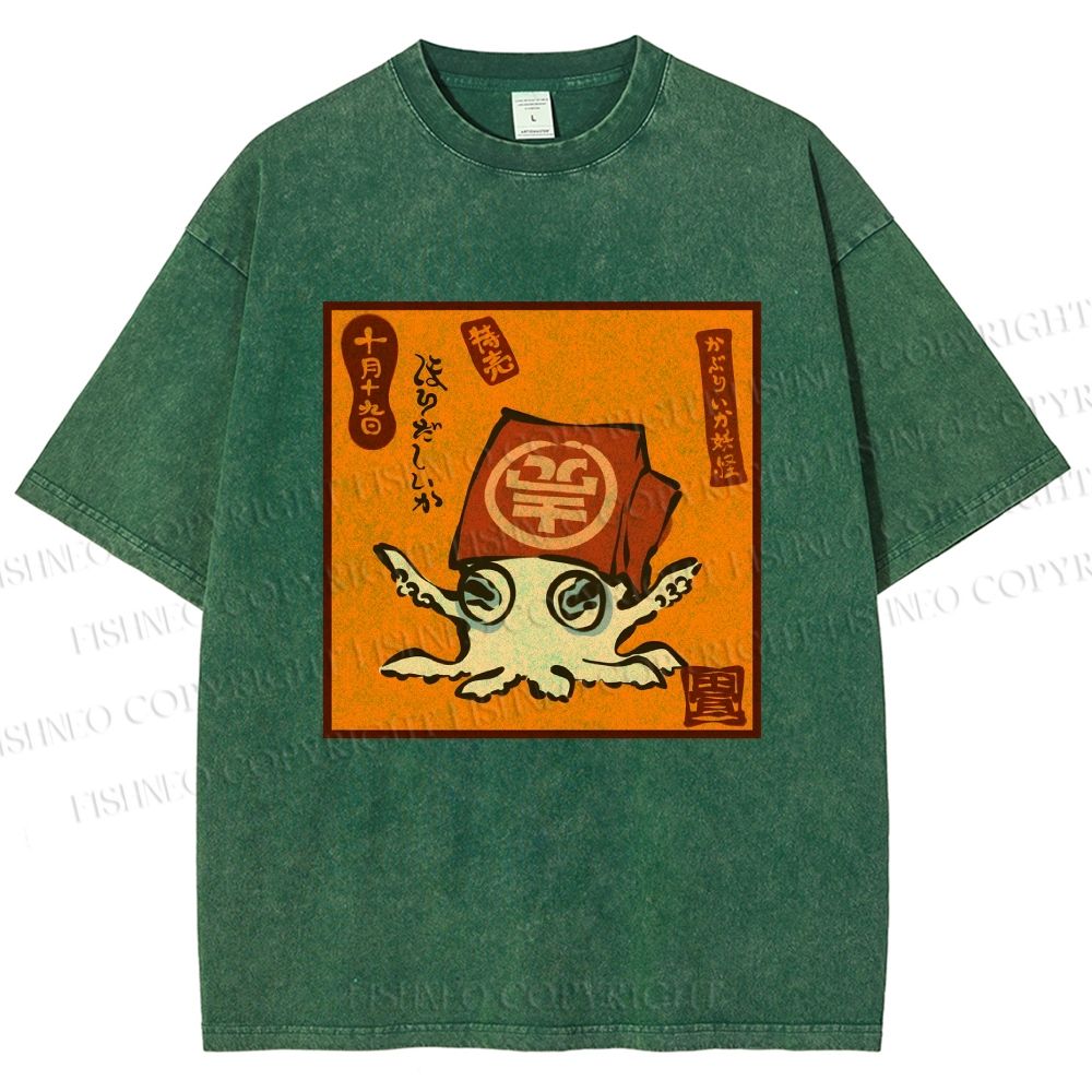 Unisex Japanese Octopus Printed Washed Tee