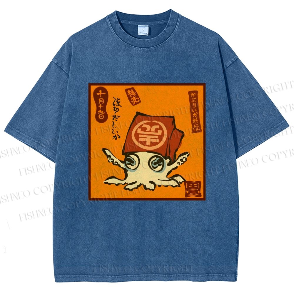 Unisex Japanese Octopus Printed Washed Tee