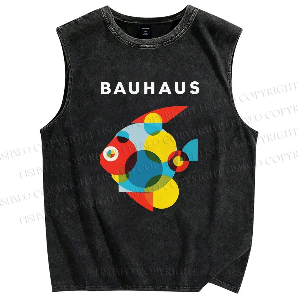 Unisex Bauhaus Fish Printed Washed Tank Top