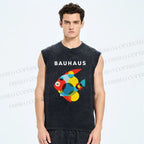 Unisex Bauhaus Fish Printed Washed Tank Top