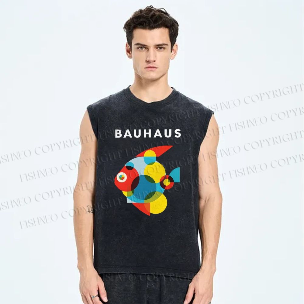 Unisex Bauhaus Fish Printed Washed Tank Top