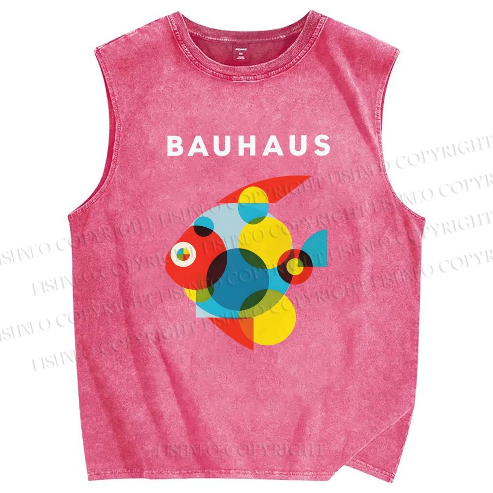 Unisex Bauhaus Fish Printed Washed Tank Top
