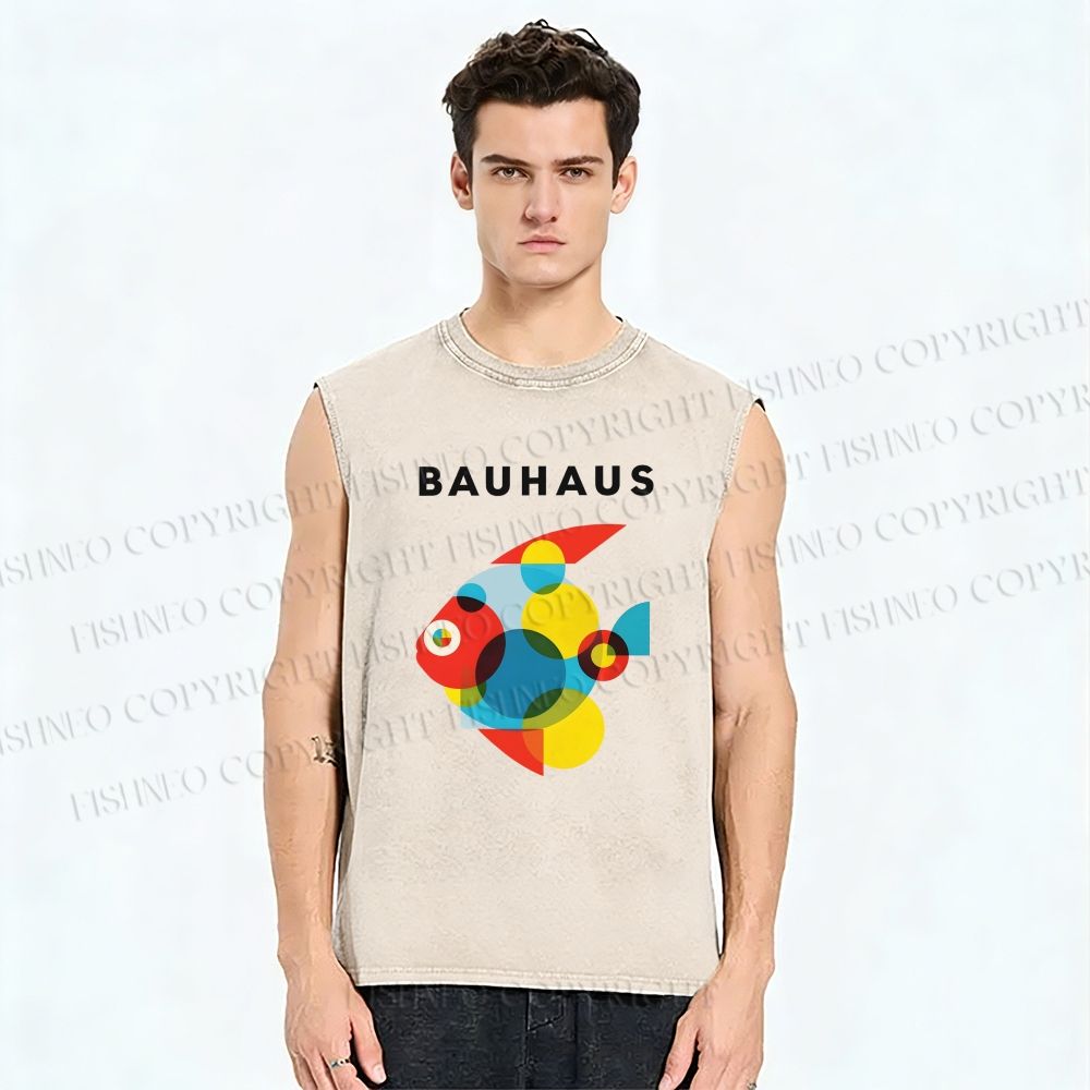 Unisex Bauhaus Fish Printed Washed Tank Top