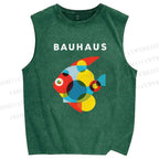 Unisex Bauhaus Fish Printed Washed Tank Top