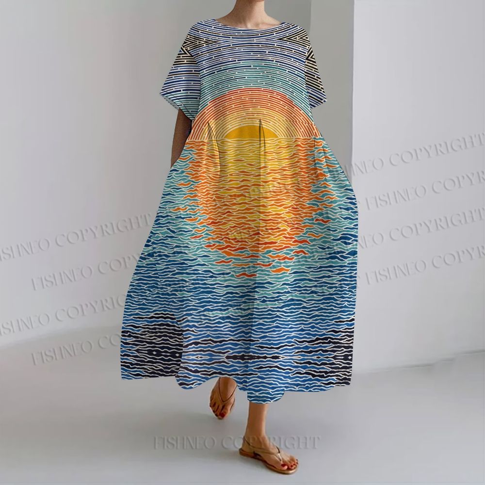 Women's Sun Sky Water loose Fit round neck long sleeve maxi dress dress