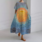 Women's Sun Sky Water loose Fit round neck long sleeve maxi dress dress