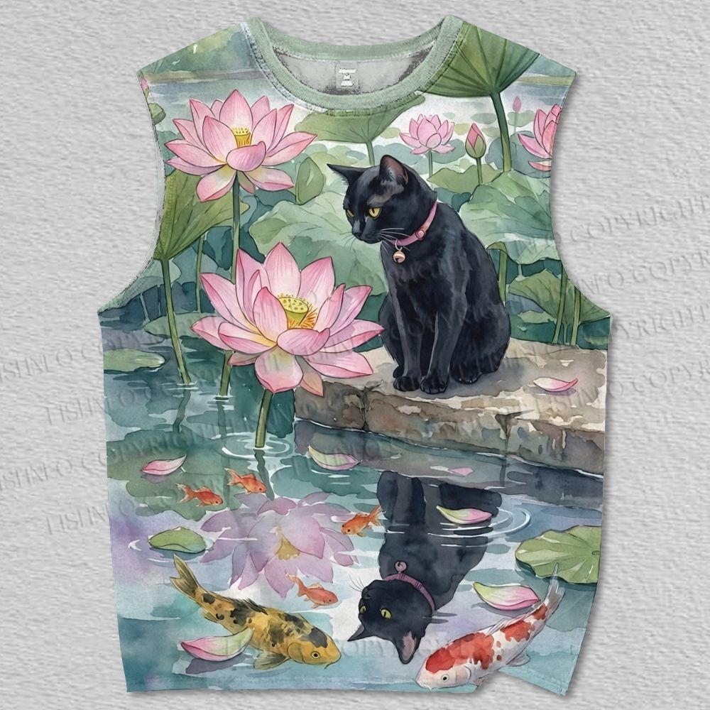 Unisex Black Cat Looking into Water Printed Tank Top