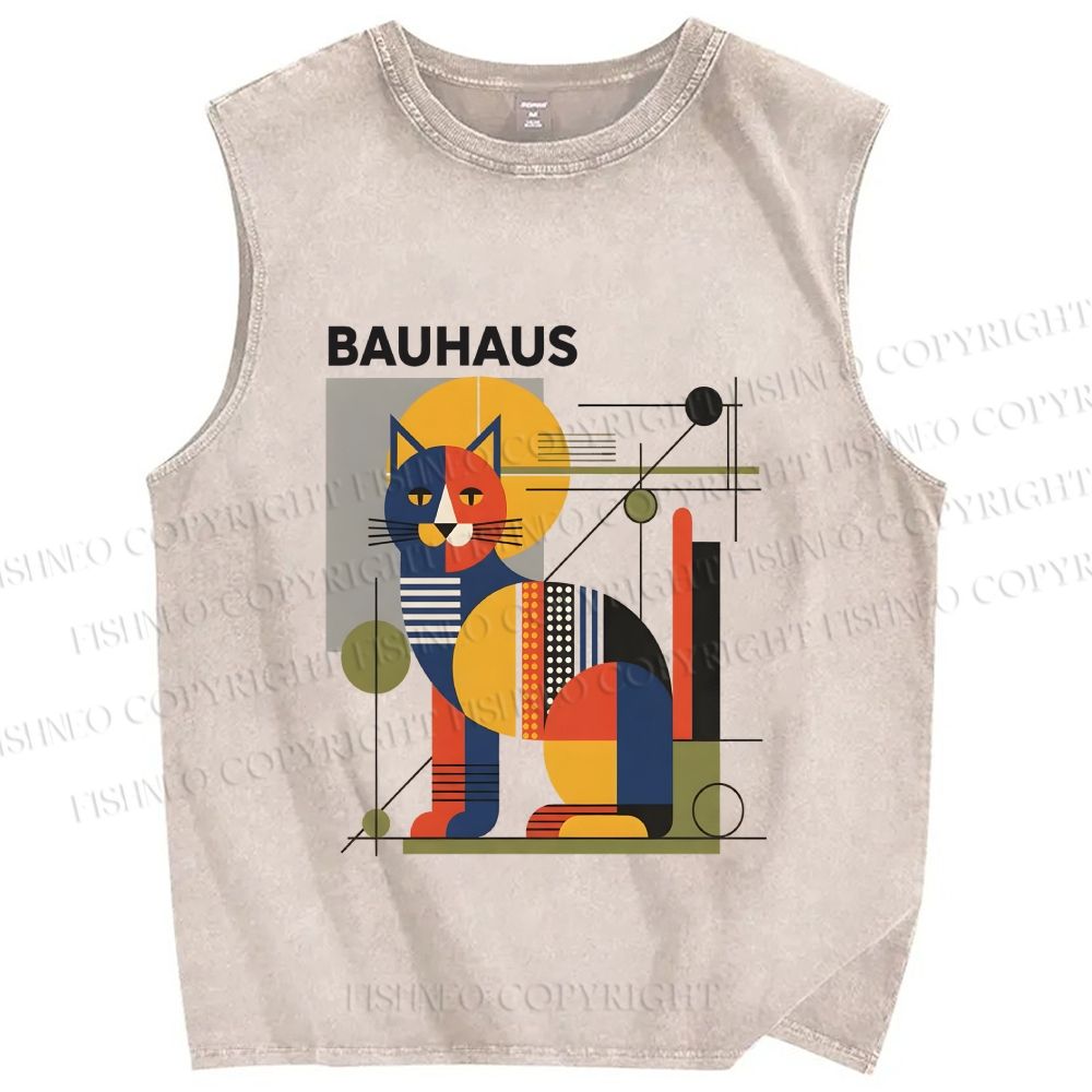 Unisex Bauhaus Cat Printed Washed Tank Top