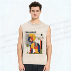 Unisex Bauhaus Cat Printed Washed Tank Top