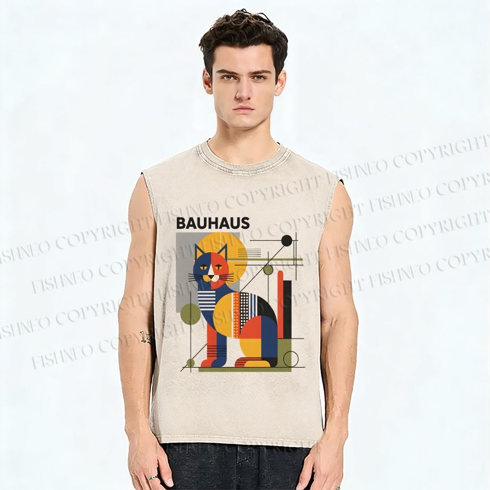 Unisex Bauhaus Cat Printed Washed Tank Top
