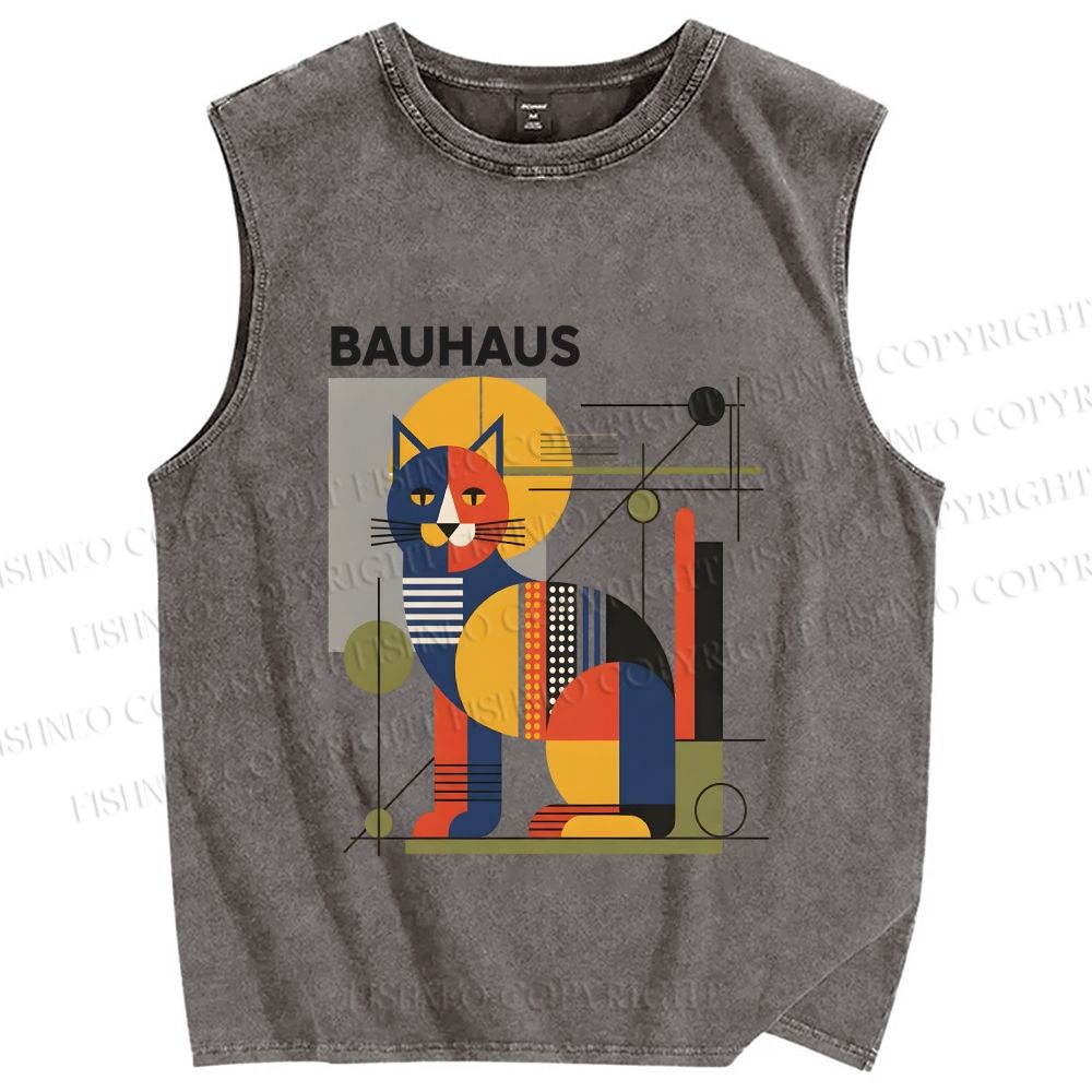 Unisex Bauhaus Cat Printed Washed Tank Top