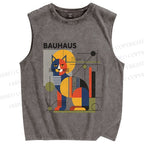 Unisex Bauhaus Cat Printed Washed Tank Top