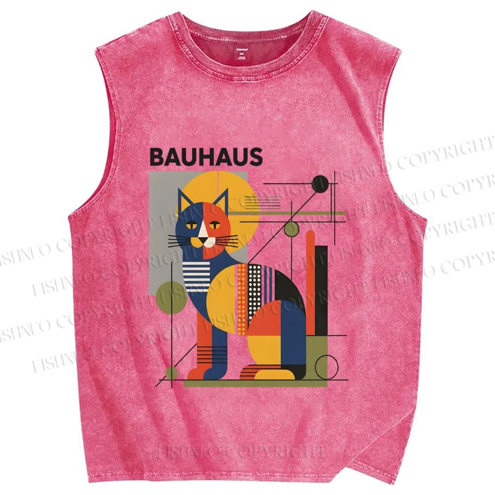 Unisex Bauhaus Cat Printed Washed Tank Top