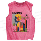 Unisex Bauhaus Cat Printed Washed Tank Top
