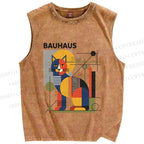 Unisex Bauhaus Cat Printed Washed Tank Top